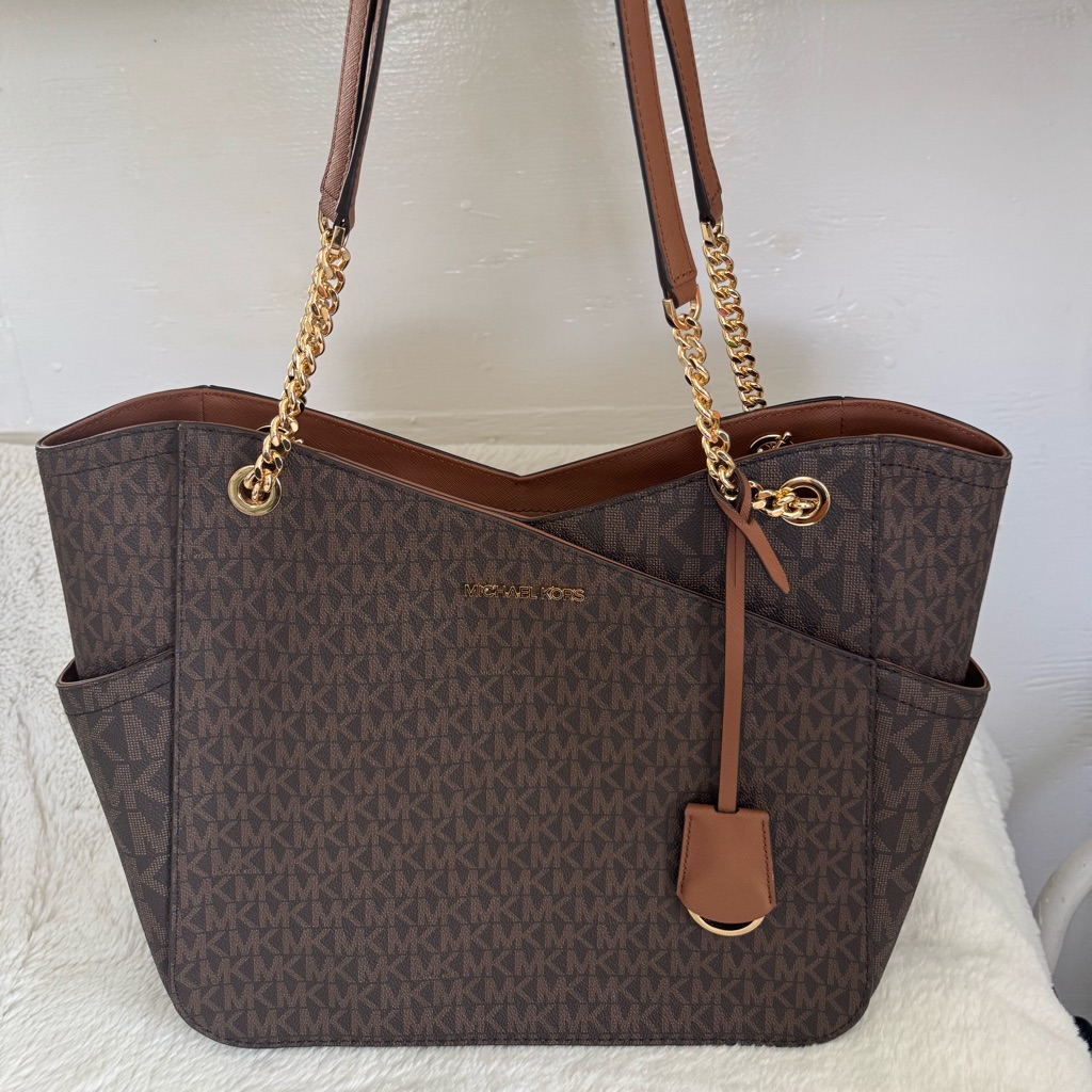 Michael Kors Brown And Gold Tote With Signature Monogram
